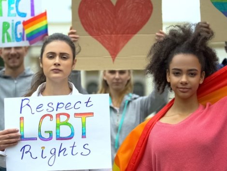 Group,Of,People,Raising,Rainbow,Flags,,Posters,For,Lgbt,Rights,